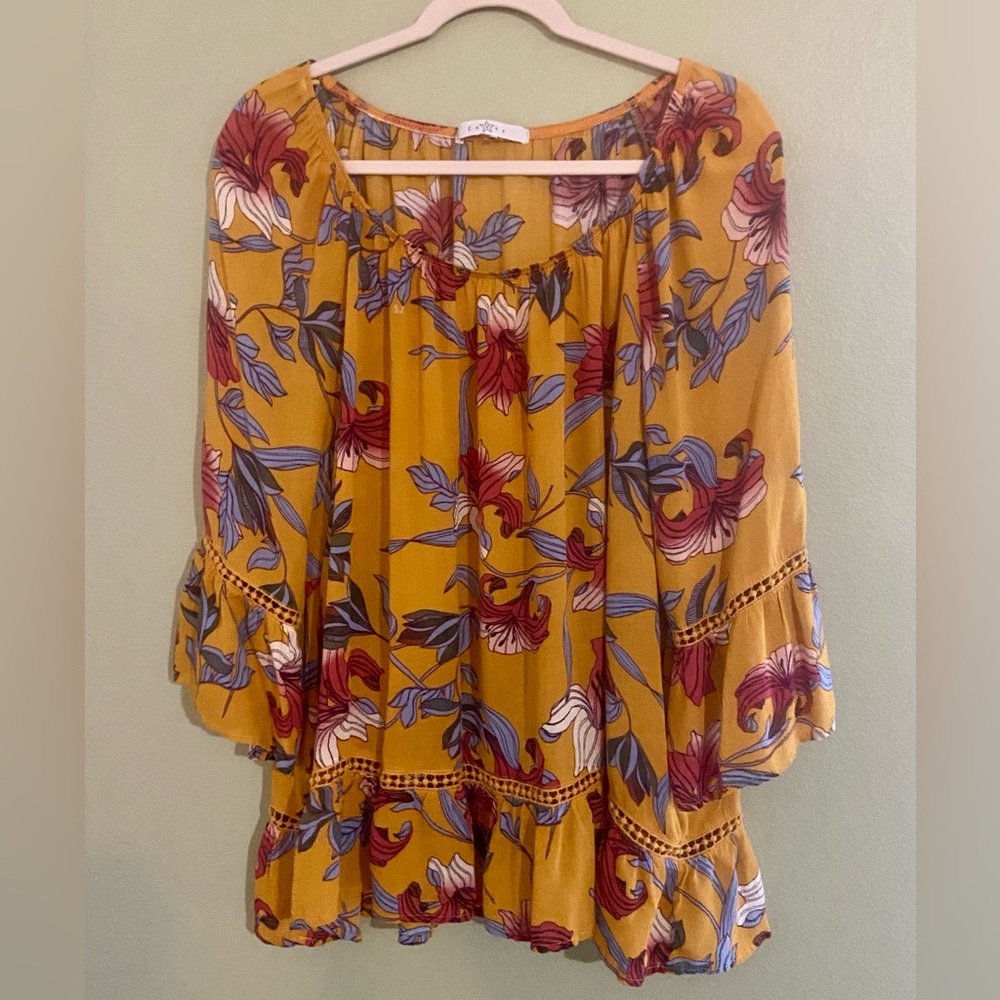 Fever Yellow and Red Ruffled 3/4 Sleeve Tunic